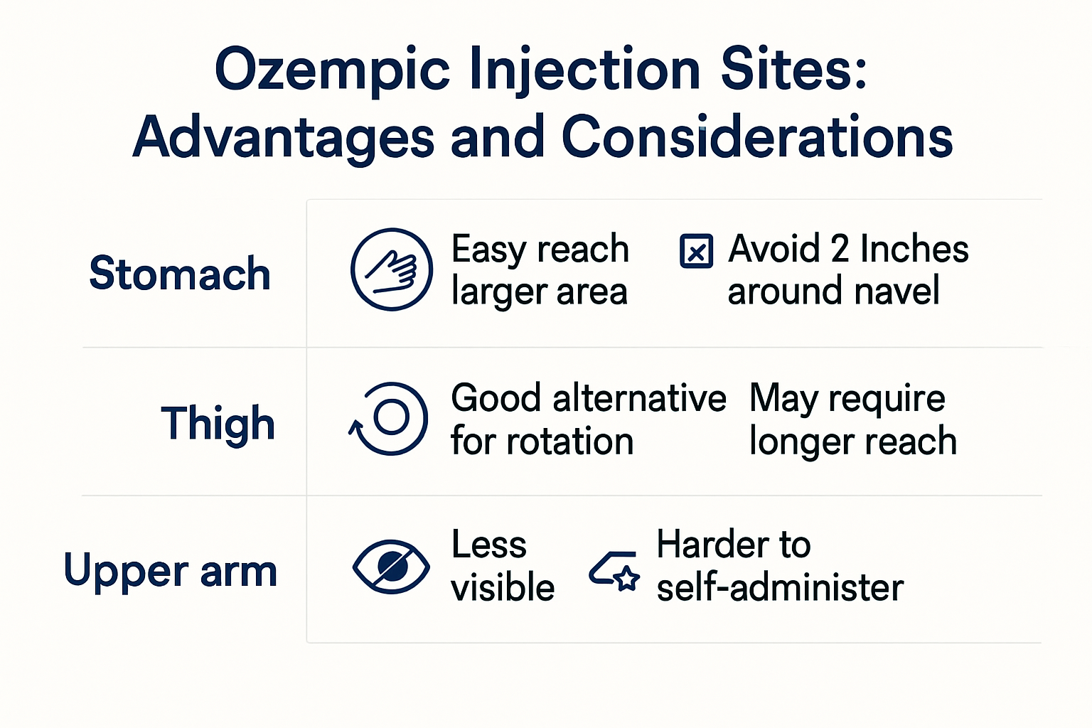 Comparison chart showing Ozempic injection sites—Stomach, Thigh, Upper arm—with their respective advantages and considerations