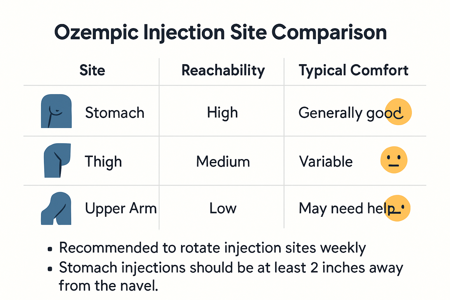 Chart comparing Ozempic injection sites: Stomach (high reachability, generally good comfort), Thigh (medium reachability, variable comfort), and Upper Arm (low reachability, may need help). Includes rotation advice and injection location details for stomach.